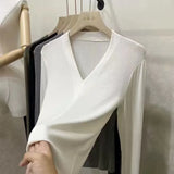 Zingj Temperament Goddess 2024 Autumn New Good Version V Collar Short Sleeve Female Slim Slim Elastic Cotton Black