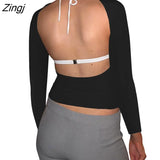 Women Trendy T-Shirt Sexy Solid Color Long Sleeve Fitted Cutout Open Back Going Out Tops Streetwear for Females