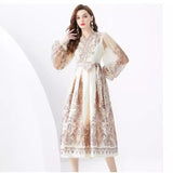 Famous Woman On Holiday Wrapped With V-Neck Lantern Sleeve Long Retro-Print Dress Elegant