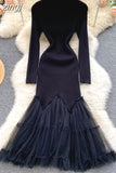 Winter Women Black/Red/Beige Mesh Patchwork Knitted Dress Vintage Long Sleeve High Waist Mermaid Vestidos Female