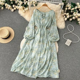 Autumn Women Printed Long Dress Vintage Puff Sleeve High Waist A-Line Casual Maxi Vestidos Vacation Beach Robe
