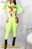 Sexy Hollow Out Buckle Bandage Jumpsuit Women Club Wear Outfits Long Sleeve Skinny Turtleneck Night Party