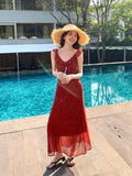 Xixi 2025 Summer New Korean Version Of High-Waisted Vacation Sling Dress V-Neck Print Pure Desire Skirt