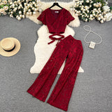 Zingj Socialite Style Suit Female Summer Lace Embroidery Hollow Out V Neck Tied Waist Short Shirt Jacket Wide Leg Slim