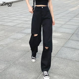 Women Denim Hole Button Pockets Loose 5XL Black Trousers Baggy Chic Harajuku Daily Scratched Wide Leg Streetwear