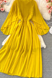 Purple/Orange/Red Draped Long Dress Boho Round Neck Flying Sleeve High Waist Elegant Vacation Beach Robe Bohemian