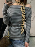 Striped Side-Slanted Shoulder-Slanted Shoulder-Clothed Woman With Thin Waists And Gentle Gentle And Comfortable T-Shirts For Spring And Autumn New Long