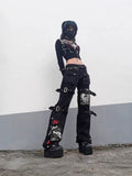 Cloth Forget Autumn Dark Black Personality Street Pocket Open Fork Straight Pants Print Casual Denim Hanging