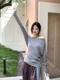 Xixi 2025 Autumn New White Standard Temperament Slant Shoulder Solid Color Knit Shirt Long-Sleeved Top Sweater