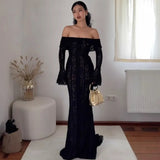 Shoulder Horn Sleeve Long Bag Hip Dress Gentle Elegant Temperament Boobs Waist Tugtail