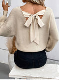 Women's V-Neck Solid Color Sweater Autumn New Long-Sleeved Casual Loose Bow Top
