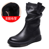 Layer Kraft Mid-Sleet Boots Women Autumn And Winter New Flat Bottom Comfortable Side Zipper Martin Boots Retro Style Horse