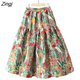 Flower Skirts Women Summer French Retro Elegant Aesthetic Jacquard High-waisted Long Midi Pleated A-Line Skirt