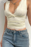 Y2K Sweet Cute V Neck Bodycon Sexy Tank Top Fashion 2000s Aesthetic Summer Cropped Vest Slim Bow Lace Top Women