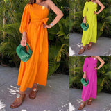 Spot 2025 Spring New Women's Fashion Temperament Inclined Shoulder Long Cotton And Linen