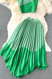 Women Sexy Pleated Two Piece Set Vacation Beach Hit Color Strapless Tops Camis + High Waist Irregular Draped Skirt