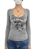Old Letter Print Knitting V-Neck T-Shirt For Women's New Knitted Long-Sleeved
