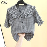 Sweet Plaid Shirt Women Kawaii Peter Pan Collar Lolita Blouse Japanese Preppy Style Puff Sleeve Top Blusas Mujer De