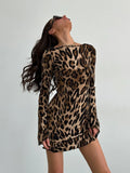 Women's Clothing 2025 Spring High-Rise Round-Neck Long-Sleeved Dress Personality Street Leopard Skirt