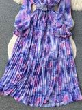 Autumn Bohemian Tie Dye Pleated Long Dress Women Elegant Stand Collar Ruffle Single Breasted Lantern Sleeve Draped