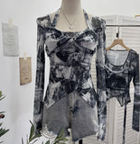 Special To The Net Yarn Design Sense Hanging Neck Top Cross Folded Repair Short T-Shirt