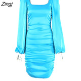 New Satin Puff-Sleeve Ruched Dress For Women Solid Square Collar Sexy Dresses Ladies Streetwear Backless Zip