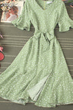 Women Blue/Green/Pink Polka Dot Dress 2023 Vintage High Waist A-line Ladies Vestidos Verano Casual V-neck Dresses