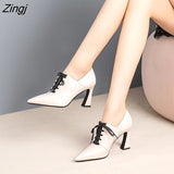 Heels Hoof Pumps Women Lace Up Pumps Cow Leather Shoes Female Fashion Pointed Toe OL Shoes Women Autumn 2023