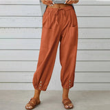 Loose High Waist Button Cotton And Linen Trousers Cropped