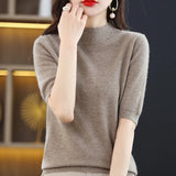 Zingj And Summer Loose And Versatile Wool Knit Short Sleeve Women Plus-Size Round-Neck Solid Color Bottom Knit T-Shirt Thin-Outfit