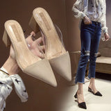 Spring And Summer Net Red Transparent Pointed Thick Heel High Heels Women In The Head Half Slippers Lazy