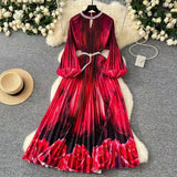 Elegant Dress Women Fashion Nail Ball Collar Hollow Pressure Folding Lantern Sleeves To Print Long