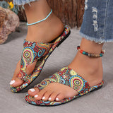 National Wind Flat-Bottomed Toe Slippers Women 2025 New Breathable Printed Roman Style