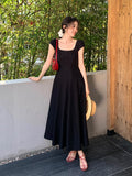 Xixi 13 Line 2025 Summer New Elegant Temperament Pure Color High-Waist Short-Sleeved Dress Dress Women
