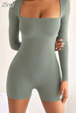 Women Square Neck Long Sleeve Rompers Sexy Autumn Biker Shorts Solid Low Cut Club Party Female Playsuits