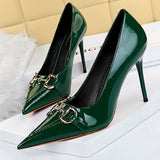 Shoes Metal Button Woman Pumps Patent Leather High Heels Luxurious Sexy Party Shoes Stiletto Heels Ladies Large Size