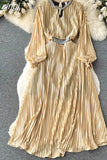Autumn Women Satin Pleated Party Dress Vintage Diamonds Patchwork Hollow Out Lantern Sleeve Draped Elegant Robe