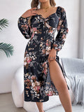 Spring And Summer Sexy Tie Knotted Flowers Long Sleeve Open Fork Dress