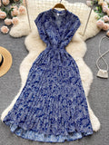 Women Printed Pleated Long Dress Red/Blue/Black V-Neck Sleeveless High Waist A-Line Draped Thin Maxi Vestidos Female