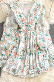Women Green/Purple/Beige Floral Chiffon Dress Bohemian V-Neck Lantern Long Sleeve High Waist Ruffle Vestidos Female