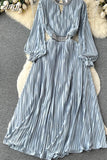 Autumn Women Satin Pleated Party Dress Vintage Diamonds Patchwork Hollow Out Lantern Sleeve Draped Elegant Robe