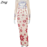 Print Sexy Backless Mesh Women Dress Apricot See Through Long Sleeve Dress Female Summer Skinny Elegant Streetwear