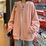 Hat Hoodies Women Zip-up Spring Autumn Front Pocket Loose Korean Style Trendy Casual Students Elegant Chic All-match
