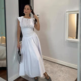 New Sweet Pure Want To Collect Waist Thin A Word French Girl Folds Splicing Short Sleeve Long Dress