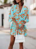 Women V Neck Party Dress Commuter Fashion Print Beach Mini Dress Lady Elegant Lace-up Ruffle Office Dresses Woman