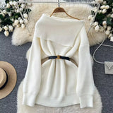 Zingj Fan High Sense Sweater 2024 Winter Belt Waist Versatile Shoulder Lapel Show Thin Chic Knit