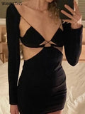 Wrap Hollow Out Strapdress Sexy Mini Dress Women Ripe Long Sleeve Summer Backless Bodycon Fashion Clubwear Party
