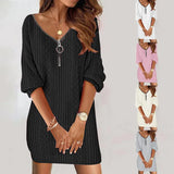 Explosion Autumn And Winter Simple Solid Color V-Neck Knitted Long-Sleeved Dress Women's