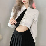 Zingj Autumn 2023 New Women's Solid Color Slim Collar Fashion Tie Crop Long Sleeve T-Shirt-Outfit