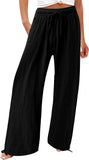Casual Trousers Solid Color Lace Wide